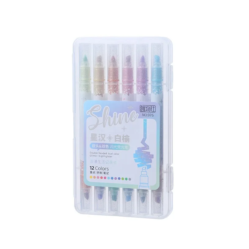 6pcs/Set 12 Colors Glitter Highlighters Kawaii Students Stationery Marker School Supplies Textbook for Painting