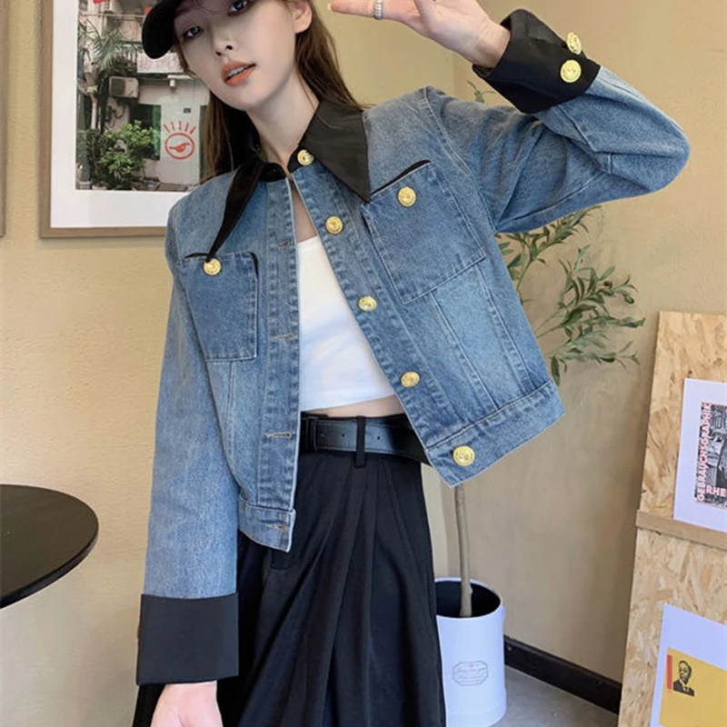 

Vintage Patchwork Turn-Down Collar Denim Coats Woman Fashion Button Long Sleeve Jean Jacket Top Women 2023 Simple Short Outwear