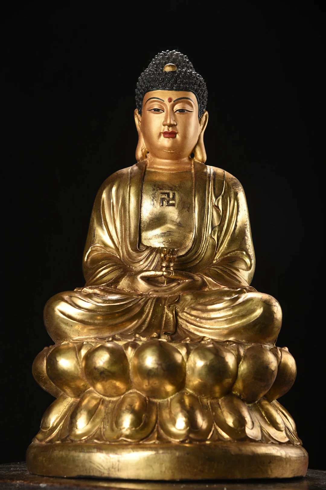 

18"Tibetan Temple Collection Old Bronze Cinnabar Gilded Face Painting Amitabha Shakyamuni Buddha Lotus Terrace Worship Hall