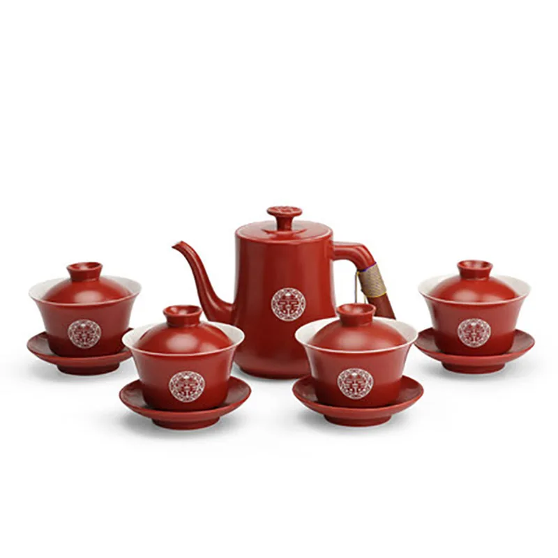 Red Ceramic Tea Set with Serving Tray, Teapot, Gaiwan, Porcelain, Wedding Supplies, Newlywed Party Souvenir Gift, Chinese