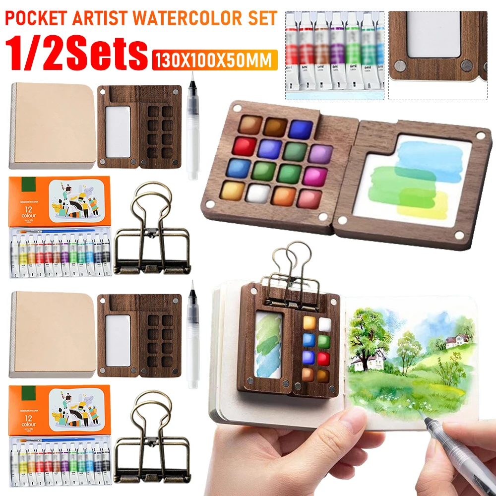 1/2SET Mini Travel Paint Palette With Clip And Watercolor Pocket 8/15 Grids Wooden Sketchbook Palette For Artists And Students for Portable Watercolor Set