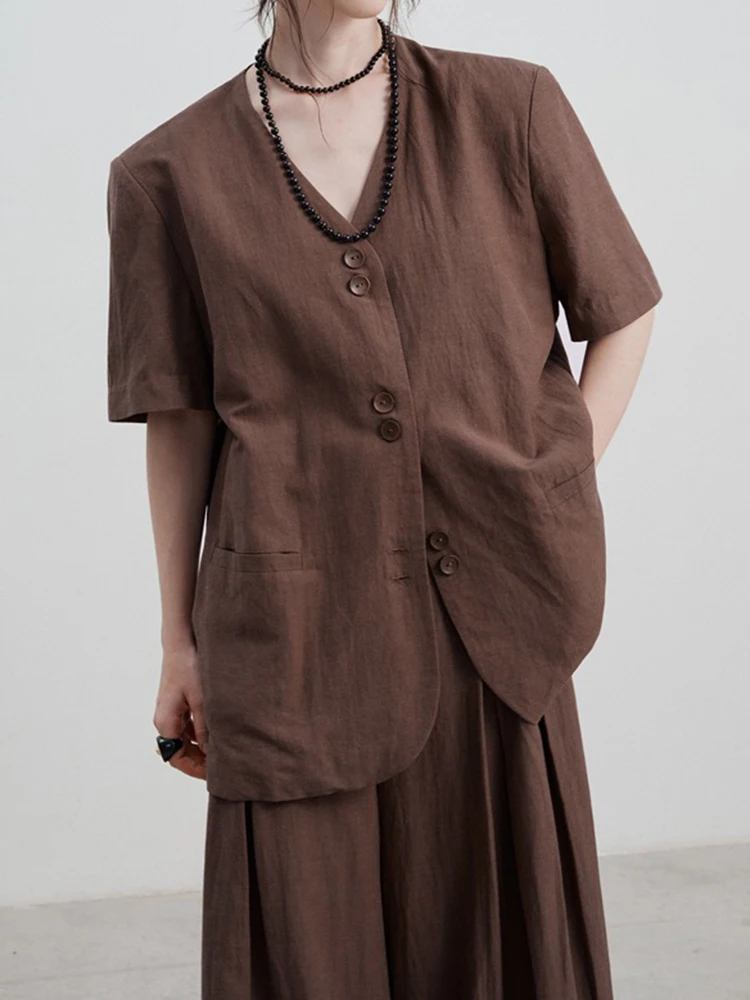 [LANMREM] Minimalism Linen Short Sleeve Blazers For Women V Neck Single Breasted Office Lady Jackets 2024 Summer New 26D9135