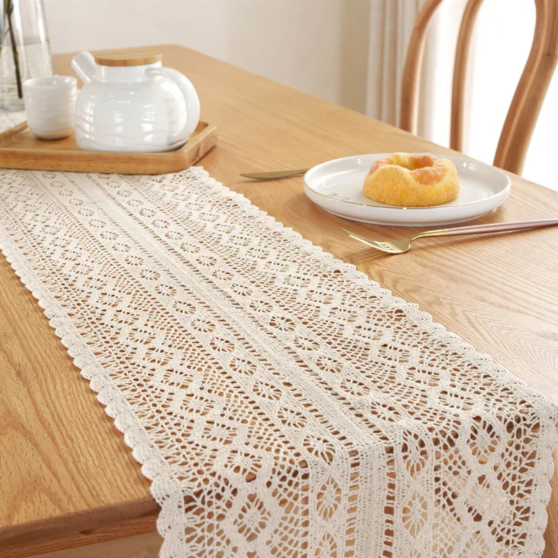 

Nordic Crocheted Lace Cotton Table Runner with Tassel Beige/black/white Romantic Table Cover Decor for Home Party Wedding
