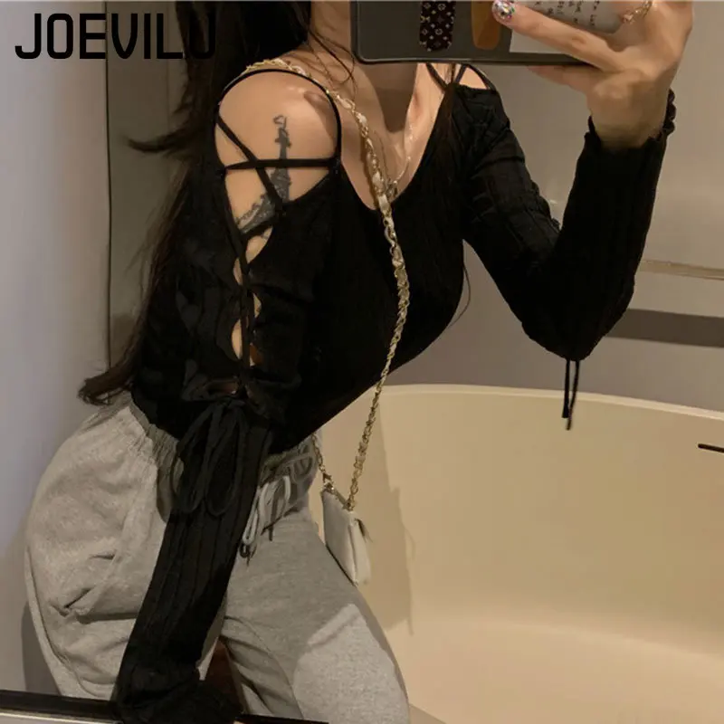 Bandage Long Sleeve Knitted Shirt Women's Off Shoulder Sexy Tops Slim Chic T-shirt Spring and Autumn Pullover Solid Y2k Sweater 6