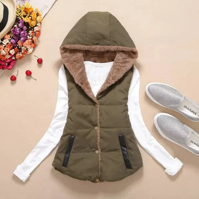 

Autumn Winter Women Parkas 2023 New Korean Style Thicken Plus Velvet Vests Sleeveless Hooded Jackets Outerwear Cotton Waistcoats
