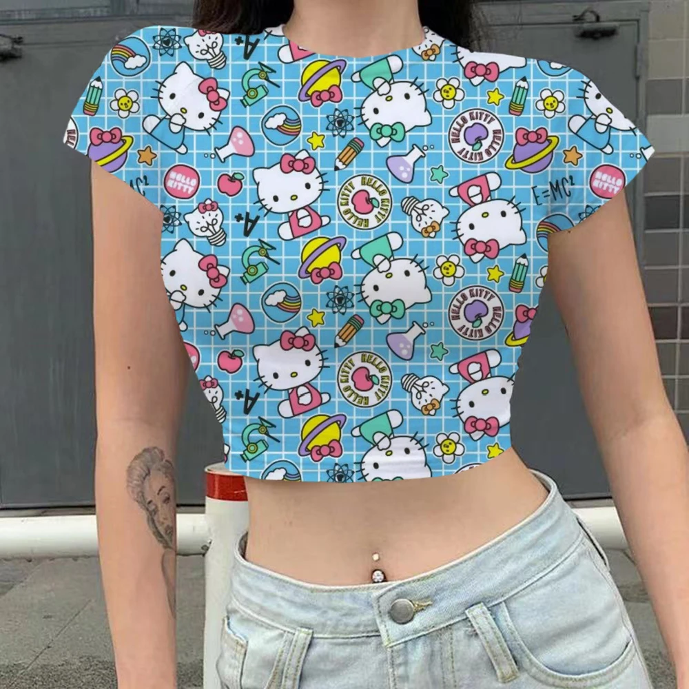 HELLO KITTY 9 Colors Print Crop Top Women T-shirt Cropped Slim High Waist  Short Sleeve Basic Summer Clothes Tops Woman Tee