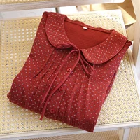 2026 New Spring and Autumn Women's Sleeping Skirt 100%Cotton Crepe Red Large Size Long Sleeve Home Sleeping Skirt Princess Skirt - Image 4