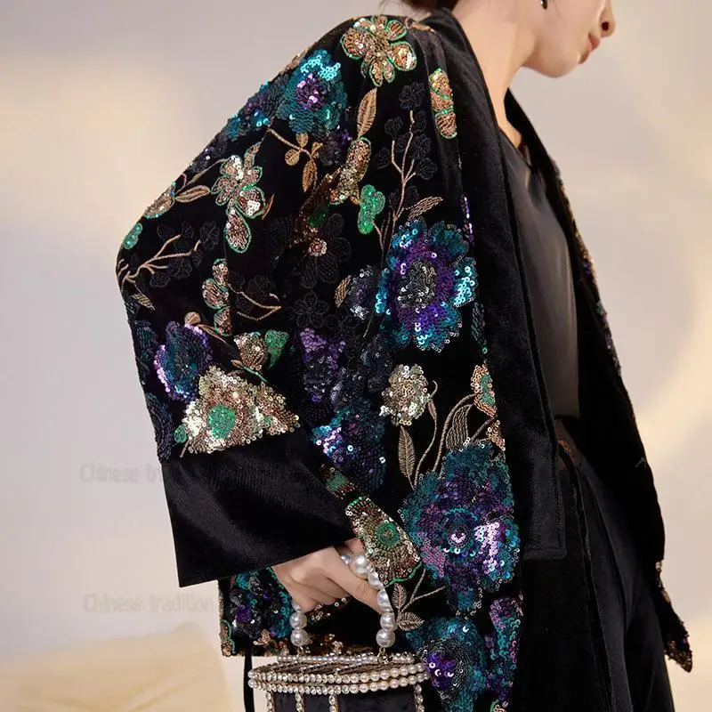Chinese Style Sequin Embroider Tang Clothes Long Sleeve Cardigan Women's Festival Gift Vintage Coats Loose Costume