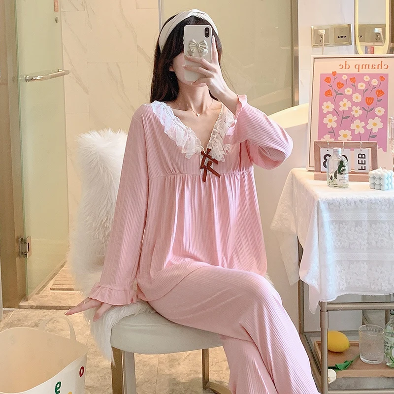 2024 New Spring and Autumn Suit Pajamas Women's Combed Knitted Cotton Sweet Lovely Lotus Leaf Lace Casual Women's Home Wear
