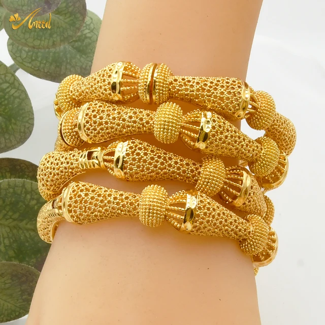ANIID 4Pcs /Set 24K Dubai Gold Plated Bangle Bracelet For Women Ethiopian Arabic African Dubai Indian Wedding Bride Jewelry Gift B-02-4pcs
