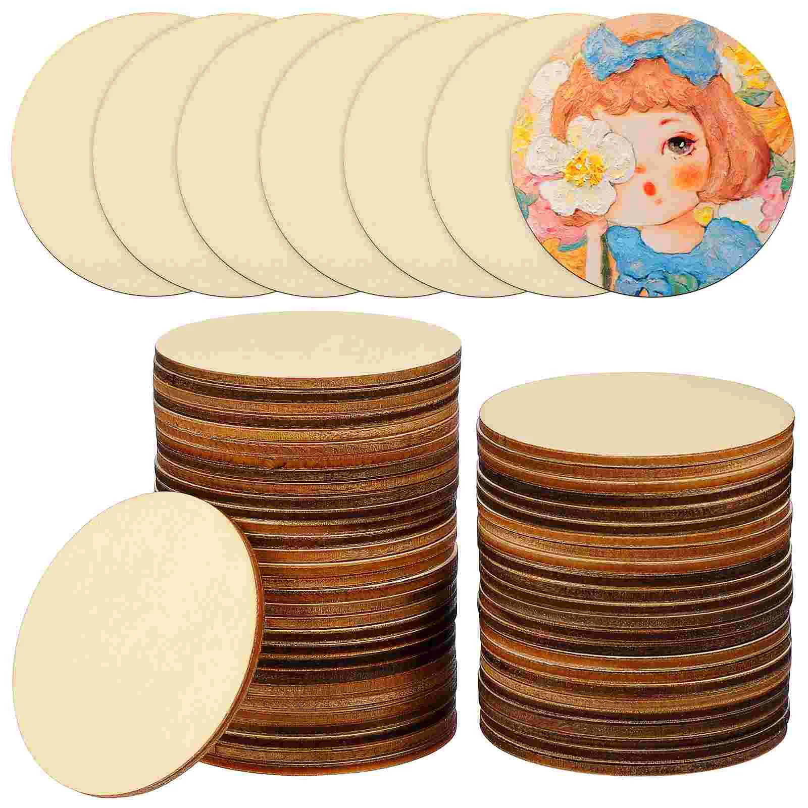 

50 Pcs Log Color Round Wood Chips Wooden Discs for Craft Unfinished Slices Household