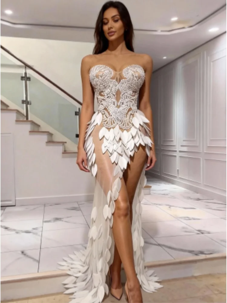 New Arrival Women Sexy Strapless Sequined Leaves Mesh Bodycon Mermaid Dress Beading Elegant Evening Wedding Party Outfit