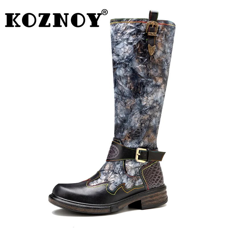 

Koznoy 5cm Synthetic Sheepskin Leather Print Moccasins Big Size Autumn Spring Ethnic Chunky Heel Knee High Woman Fashion Shoes