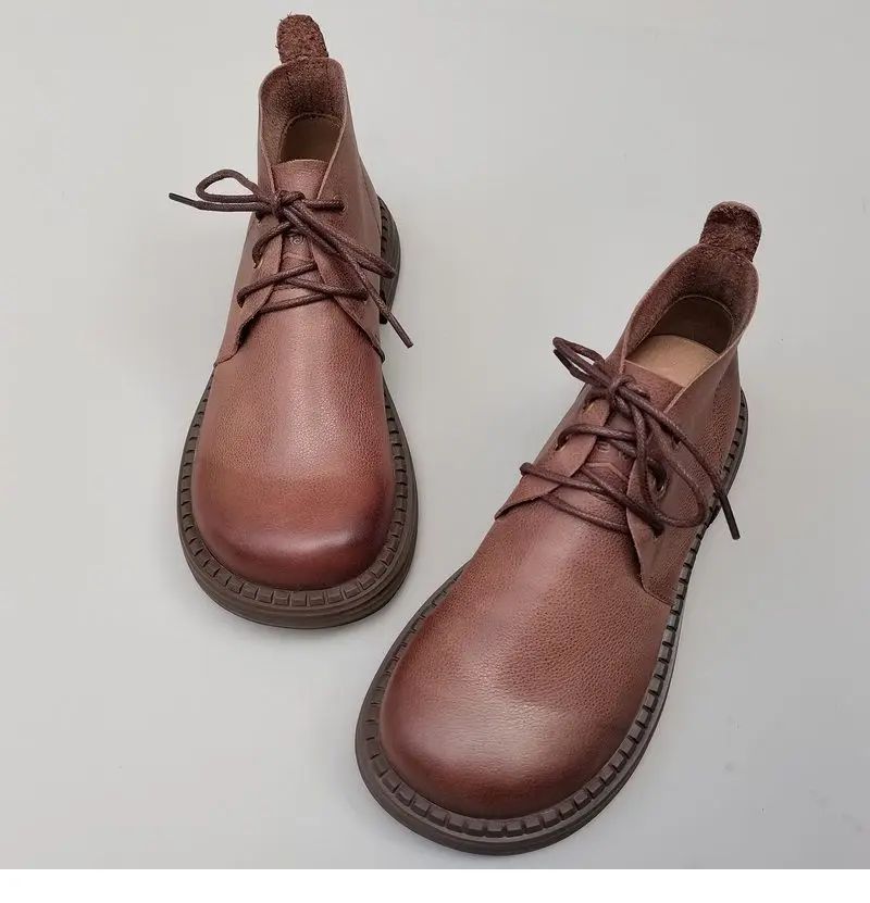 Genuine Leather Wide Toe Women's Shoes Spring Cowhide Short Boots Soft Sole Lace-up High-top Original Single Shoes