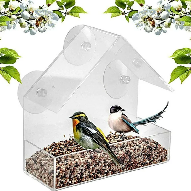 Bird Feeder Acrylic Transparent Window Viewing Tray Birdhouse Pet Water Feeder Suction Cup Mount House Type