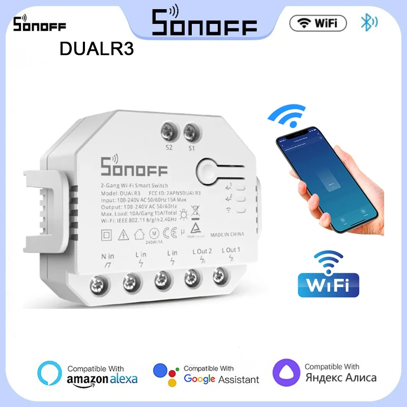 

Wi-Fi-переключатель SONOFF DUAL R3 с датчиком мощности, релейный модуль R3, 2 клавиши, «сделай сам», умный дом, переключатель через EWeLink Alexa Google Home
