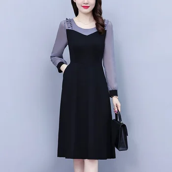 Nuovi abiti casual a maniche lunghe slim e versatili in tinta unita alla moda con scollo tondo impiombato da donna 1