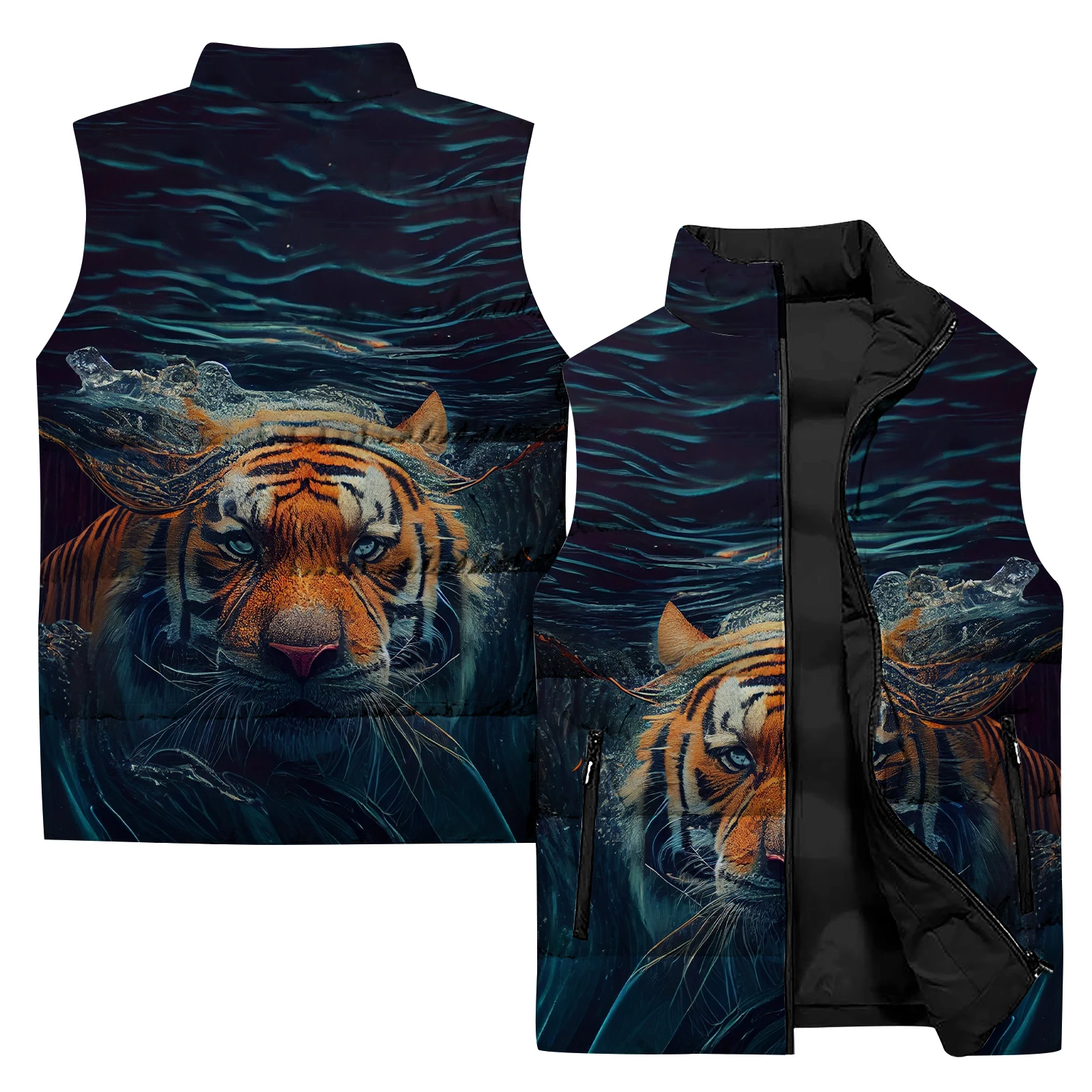 thumbnail image 1 of Chaqueta de invierno para hombre, chaquetas para hombre, chaleco de viento frío, chaleco de algodón con estampado de tigre y lobo, ropa para hombre 2024, chalecos de calle Harajuku, 1 of 5