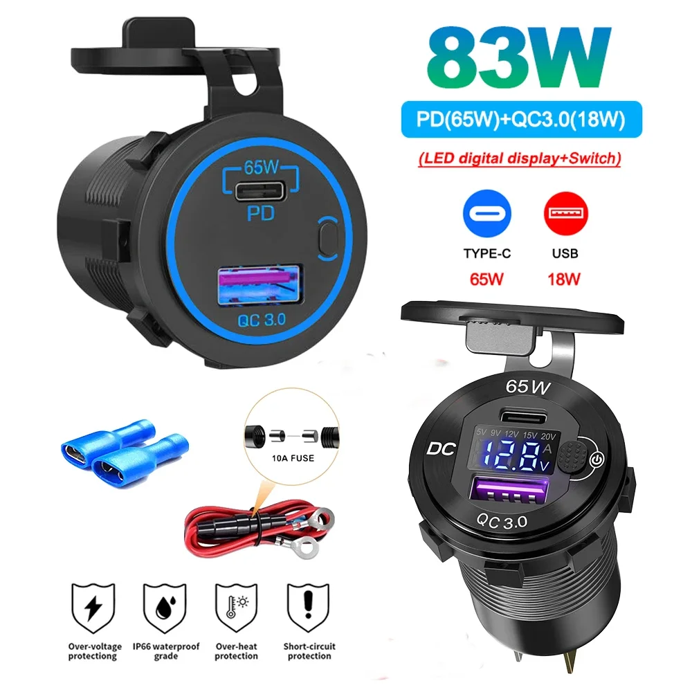 Presa USB C Da 12V Per Auto: 65W PD Per Laptop E 18W QC3.0, Impermeabile Con Interruttore, Per Moto E Barca