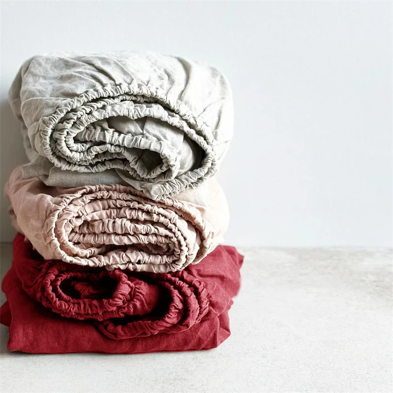 100% Linen Mattress Covers with Elastic Band Solid Color 1pc Fitted Sheet Soft Comfort Mattress Protector Queen King Size Bed 4