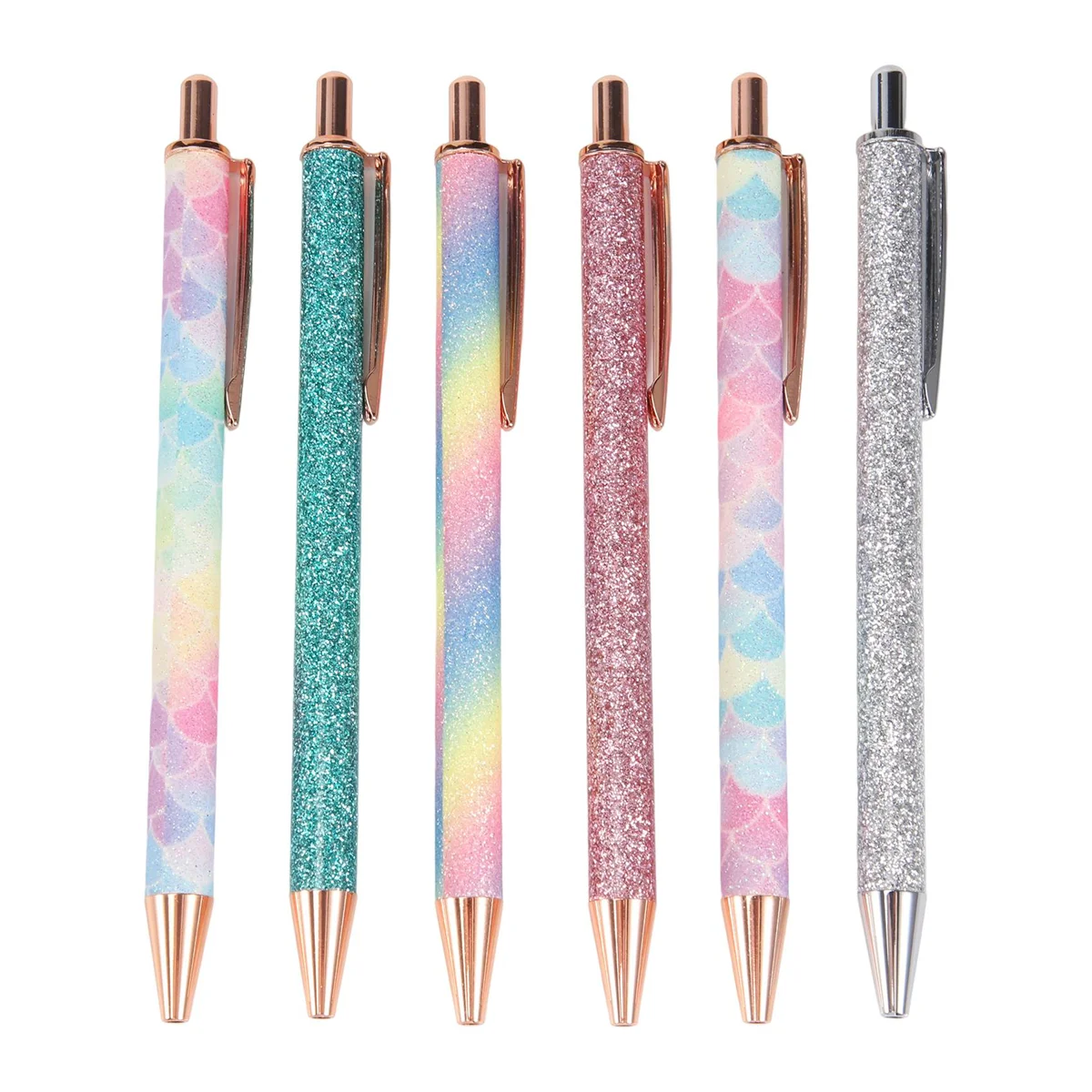 

6 PCS Glitter Ballpoint Pens Rose Gold Click Ballpoint Pen Metal Glitter Pen Retractable Black Ink Medium Point Pens