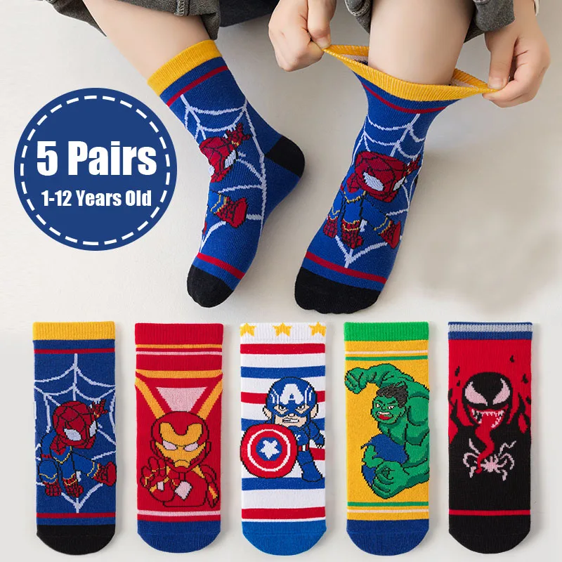 Cotton Middle Tube Cartoon Socks 5 Pairs Children Socks Spiderman Boy's Socks Spring Autumn Size 1-12 Year