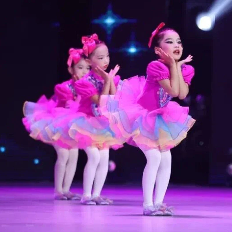 Kids Ballroom Clothing Sequined Modern Dance Tutu Dress Girls Jazz Dance Costume Stage Wear Wedding Princess Dresses