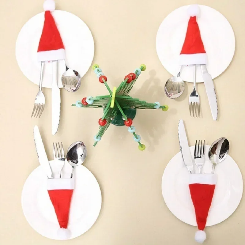 Christmas Decoration Tableware Holder Bag Christmas Hat Fork Knife Cutlery Bag Xmas Home Kitchen Decor Ornament Navidad New Year
