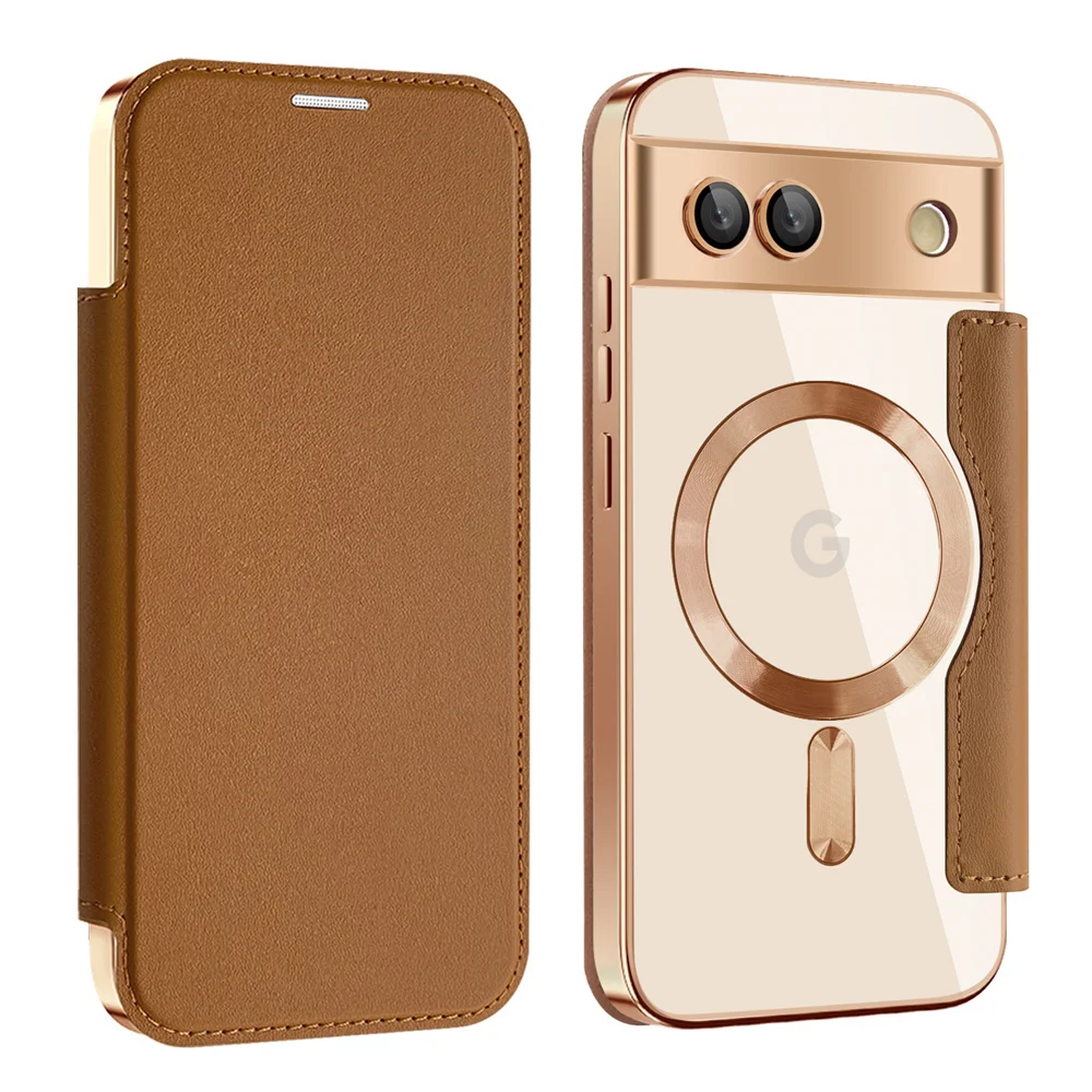 Luxury Leather Magnetic Wallet Card Clip Phone Case with Clear Cover and Wireless Charging Capability