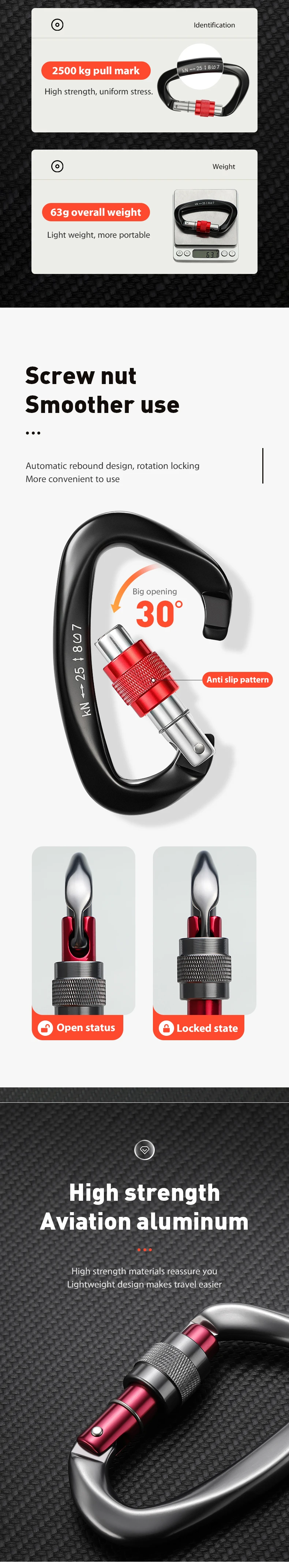 CLIWIZ Marke 25KN Bergsteigen Höhlenforschung Klettern Schraubverschluss Karabiner D-förmige Sicherheit Master Schnalle mit UIAA/CE – Detail 19