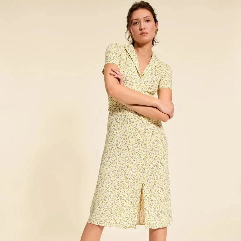 

Женское однобортное приталенное платье, платье в пасторальном стиле с отложным воротником и принтом, новый стиль весна-лето 2023