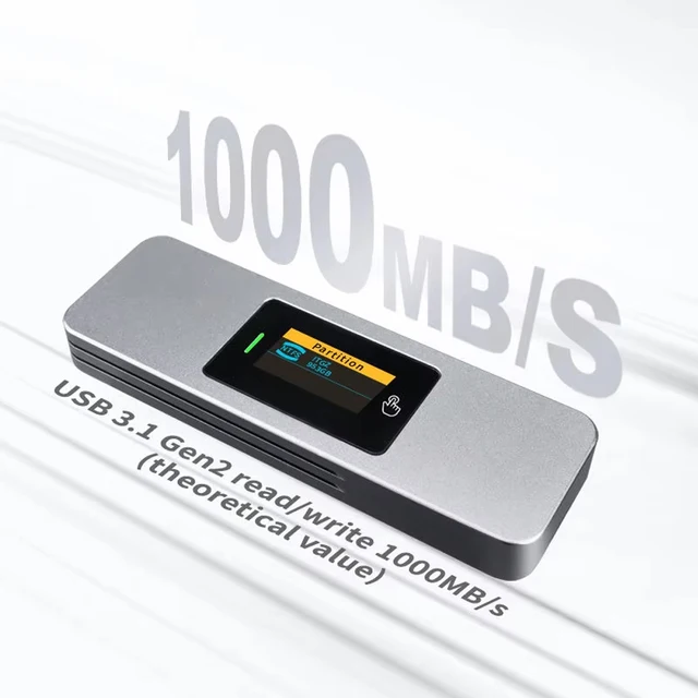 M.2 NVMe/SATA SSD Enclosure Adapter with Screen Display,USB 3.2 Gen2 10gbps M2 Case 2280 ,Aluminum External M2 2280 NVMe Reader