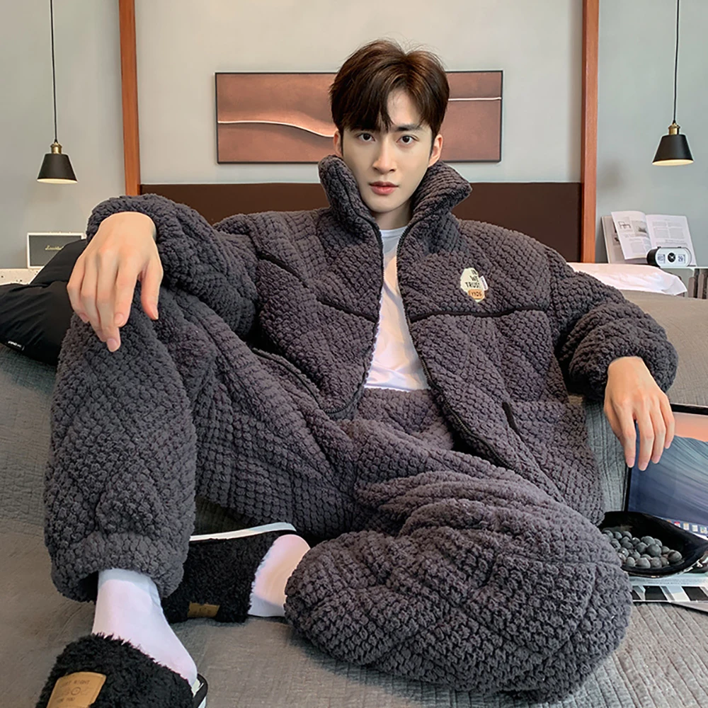 3-Layer Super Thicken Coral Fleece Zipper Sleepwear for Sleeping Warm Men's Winter Pajamas Set Casual Loose Soft Pijama Hombre