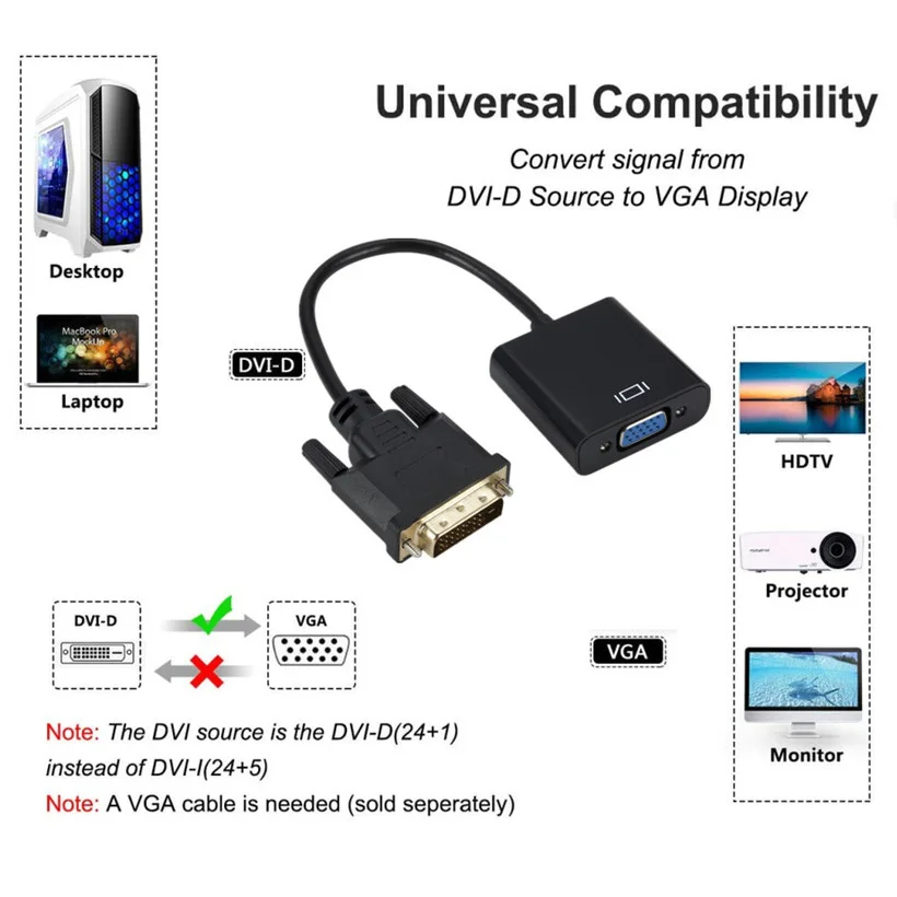 1080P DVI-D Full HD DVI To VGA Adapter Video Cable Converter 24+1 25Pin to 15Pin Cable Converter for PC Computer Monitor DVI2VGA