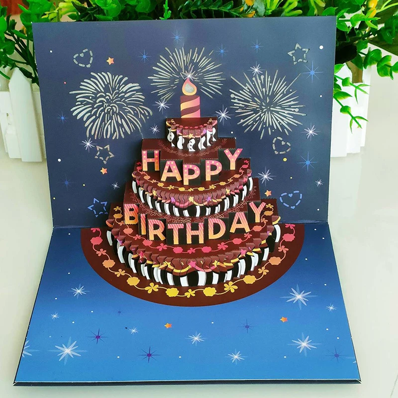 Greeting Cards 3D Pop Up Birthday Greeting Card With Lights Music Happy Birthday Card Firework Cake Gift For Wife Mom Kids
