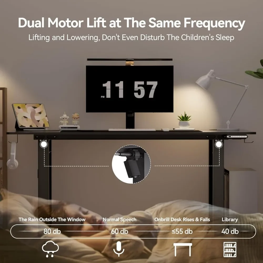 4 Legs Standing Desk with Dual Motor, 55 x 28 Inch Adjustable Height Desk with Power Outlets & LED Lights 5