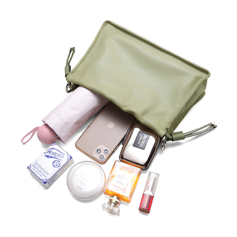 2022 NEW Ladies Elegant Genuine Cow Leather Crossbody Bag Draw String Shoulder Bag Woman Simple Mint Green Verstile Satchel Bags