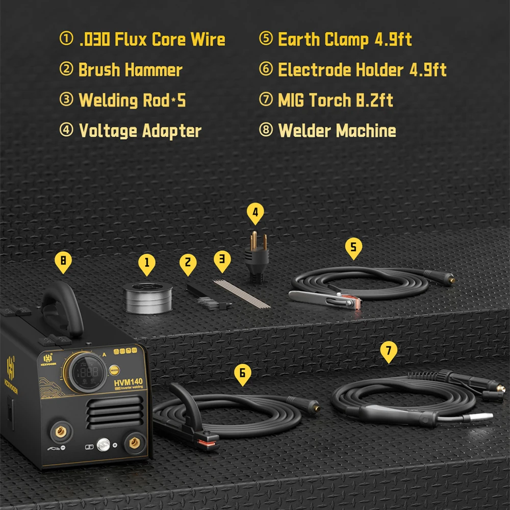 HZXVOGEN HVM140 3 in 1 Semi-Automatic Welding Machine MMA/Gasless MIG/Lift TIG IGBT Inverter Welder Synergy Tool Non Gas Welder 6