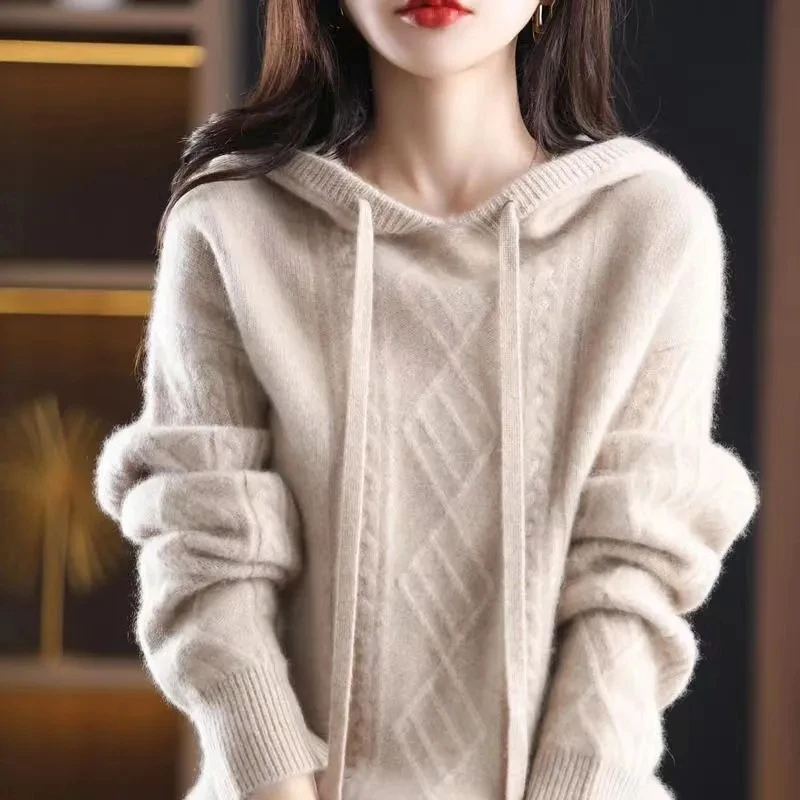 

Женский свитер с капюшоном, плотный однотонный джемпер с длинным рукавом, Свободный Повседневный трикотажный пуловер в Корейском стиле, Осень-зима