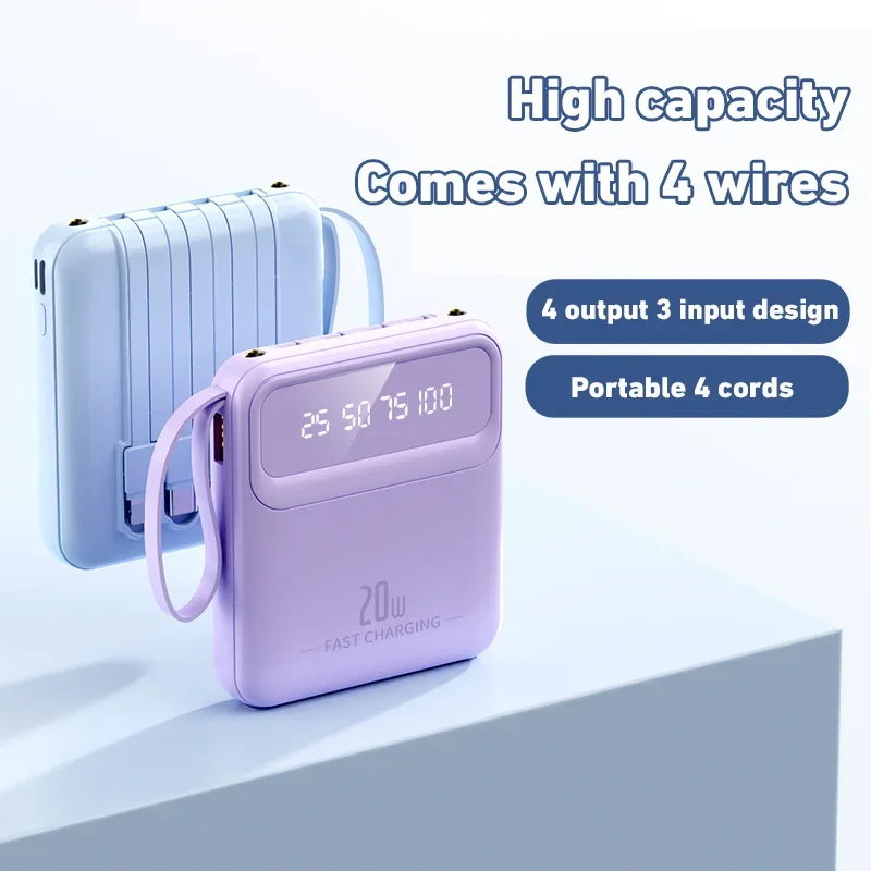 20000mAh Mini Power Bank 4in1 Cable Portable Charger Fast Charging LED Digital Display Poverbank External Battery Mobile Power 6