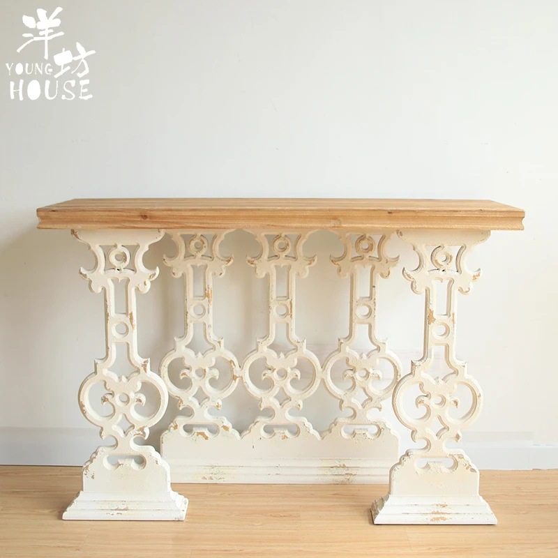 Vintage Farmhouse Console Table 120cm Fir Wood Top White Carved Legs Entryway Sofa Table