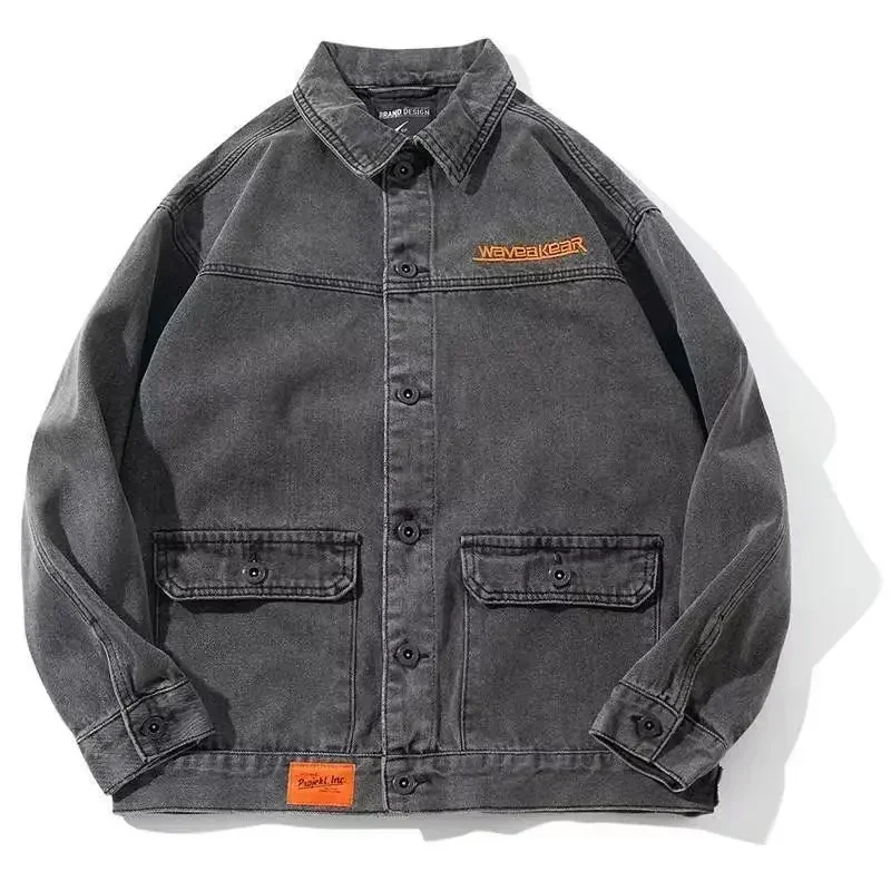 thumbnail image 1 of Abrigo vaquero para hombre, chaqueta vaquera de otoño de Corea, para hombre, color negro roto con agujero, ropa lavada a bajo precio, informal, de tela G, 1 of 5