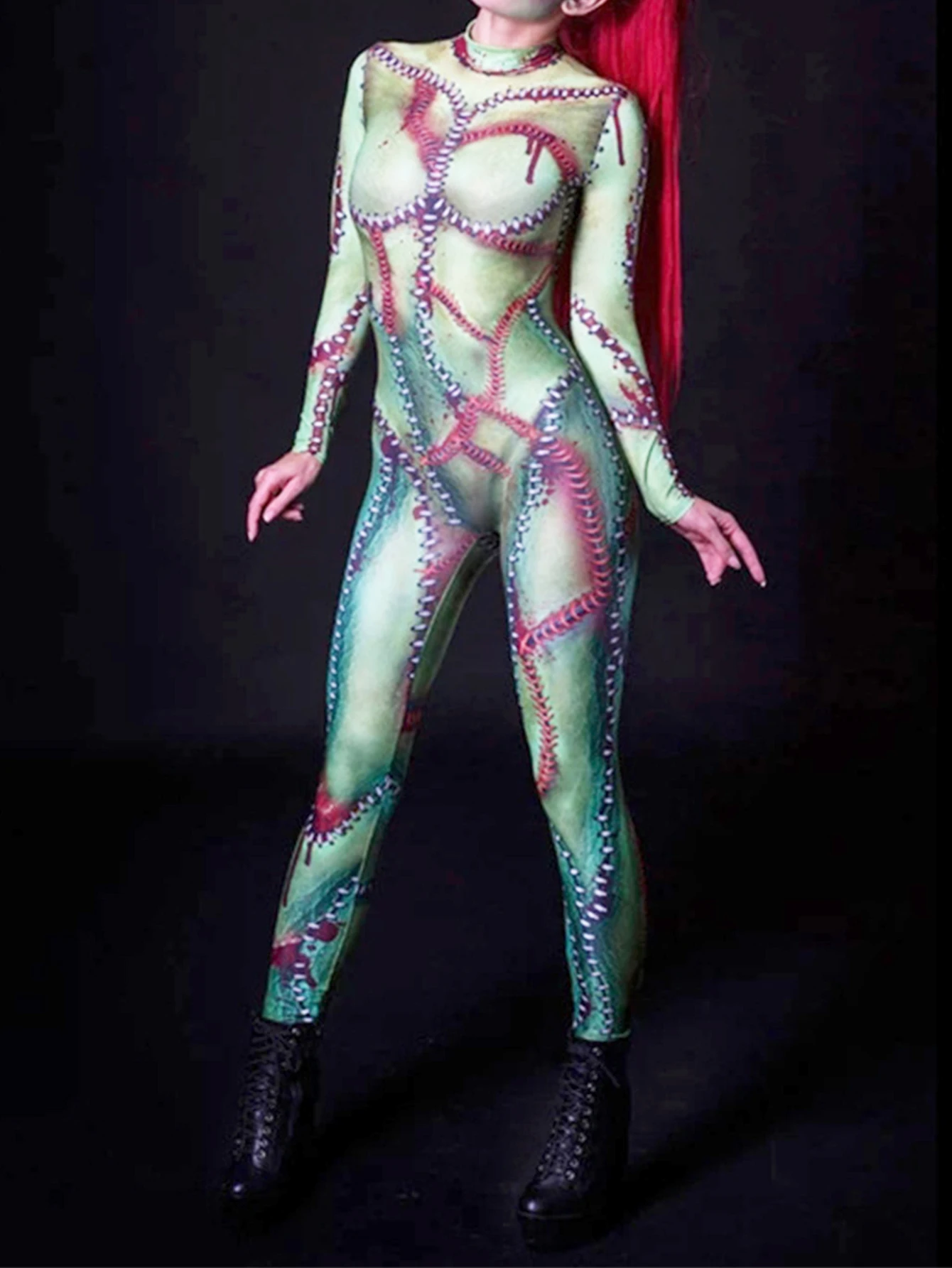 Long-Sleeved Jumpsuit Women Masquerade Horror Scary 3D Print Halloween Cosplay Costume Ladies Skinny Playsuits Elastic Zentai