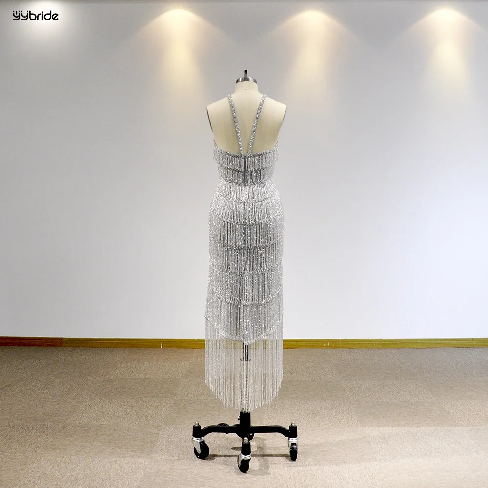 YYbride Newest Full Crystals Tassels Beading Work Halter Neck Sexy Backless Silver Cocktail Dresses Vestidos De Mujer Elegantes