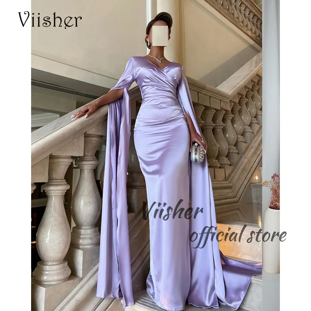 

Viisher Lilac Satin Mermaid Evening Dresses Split Long Sleeve V Neck Prom Party Dress Arabic Dubai Formal Evening Gowns