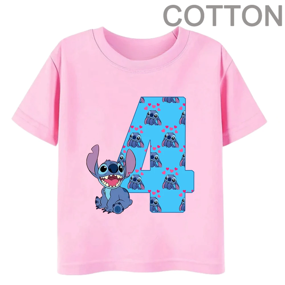 thumbnail image 1 of Camiseta de algodón para niños de Disney con combinación de nombre y dígitos 1, 2, 3 y 4 de PINK Stitch, dibujos animados Kawaii, informal, para niñas y niños, estilo Harajuku, 1 of 5