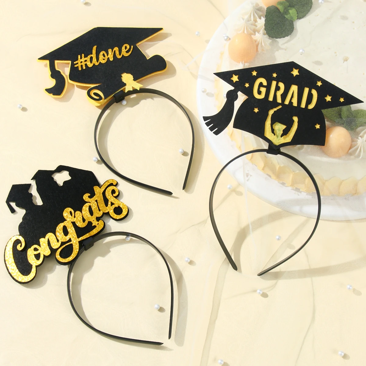 

1Set 6pcs Grad Cap Headband Graduated Satin Sash 2024 Graduation Party Decoration Supplies Photo Props Mini Bachelor Hat