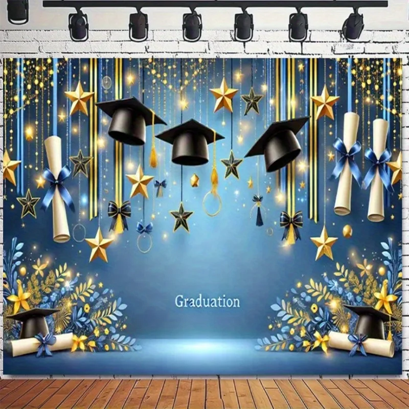 Graduation Background Banner - Golden Stars, Bachelor's Hat, and Flower Design, with Deep Blue and Gold accentszjm