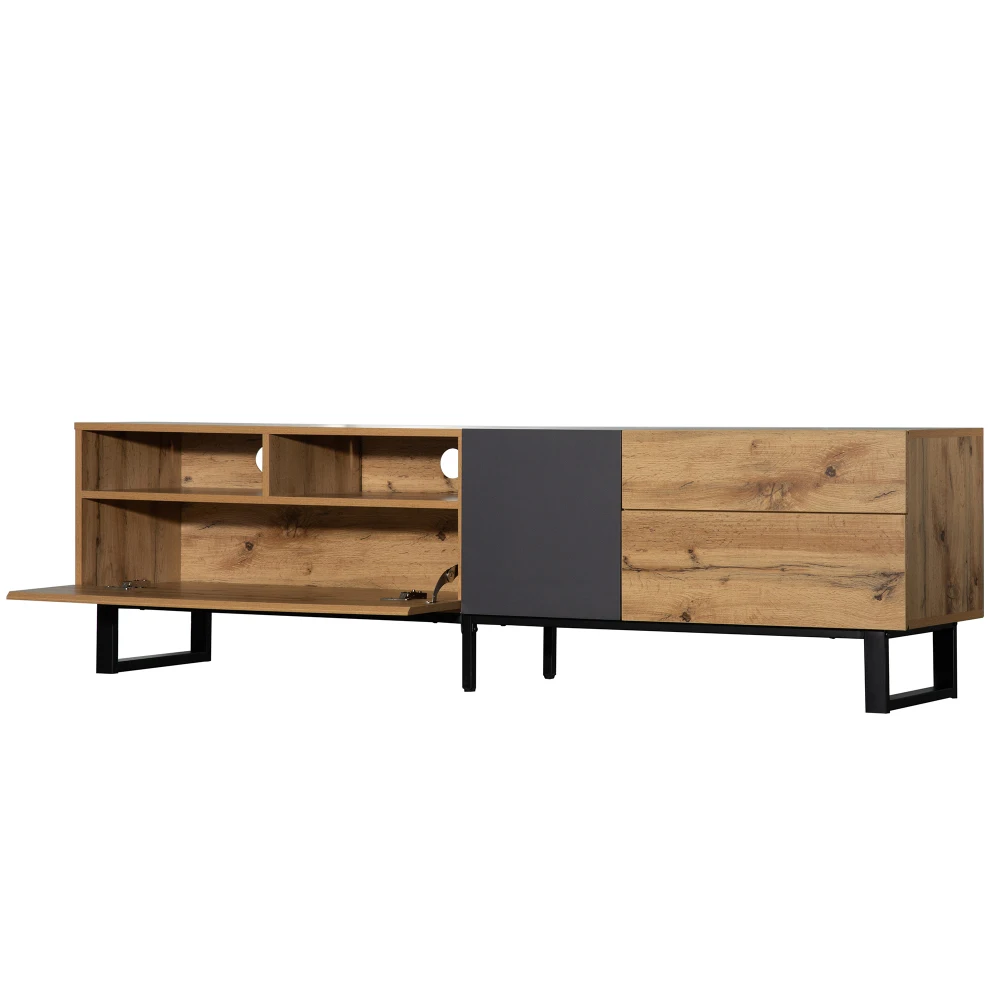 PINGGO 180CM Moderner Farbblock-TV-Schrank mit Holzgitter TV-Einheit Aufbewahrungskonsole für Wohnzimmer – Detail 9
