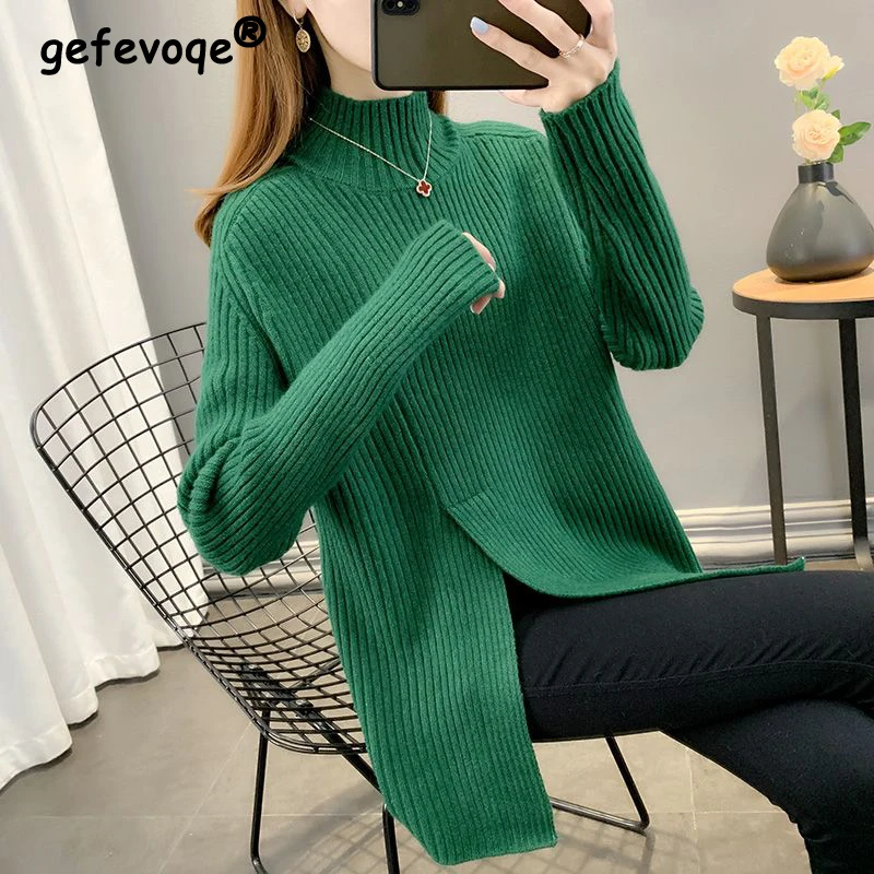 

Autumn Winter Women Trendy Simple Casual Half High Collar Thick Knitted Sweater Chic Long Sleeve Slit Pullover Tops Loose Jumper